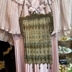 1920s Mandalian antique mesh metal creme, gold and blue purse